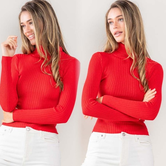 Chic Red Ribbed Turtleneck Sweater - Picture 1 of 7